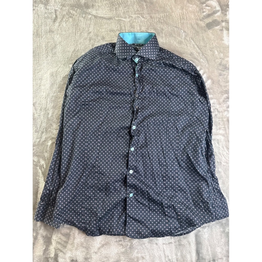 Bogosse Mens Size 4 Long Sleeve Button Down Shirt Navy Blue Geometric Micro